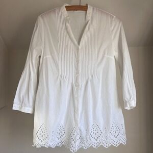 White 100% Cotton Eyelet Embroidered Pintuck Tunic Shirt Top Fairy Country XS